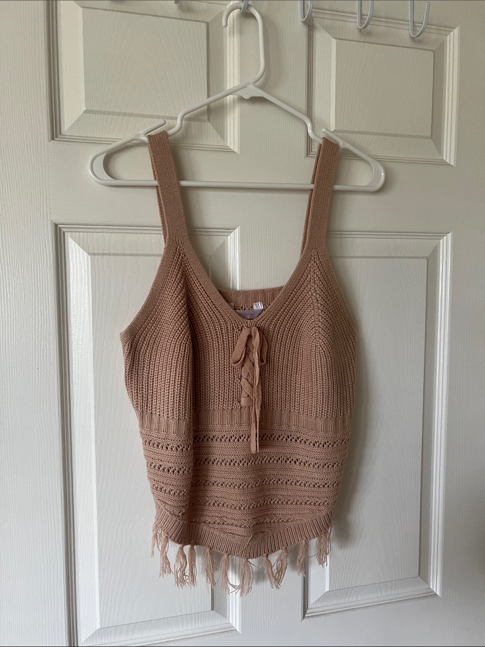 No Boundaries Blush Crochet Lace-Up Fringe Tank Top